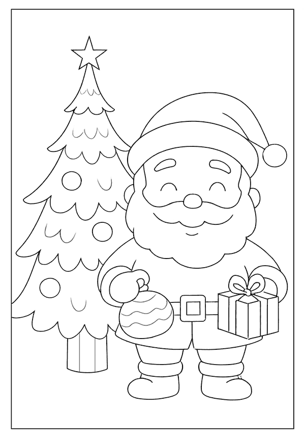 Happy Santa Claus beside a tall Christmas tree, holding an ornament and a present.