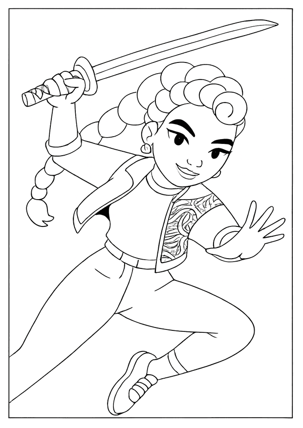Dynamic Kpop Demon Hunter coloring page of a girl leaping into the air wielding a katana.