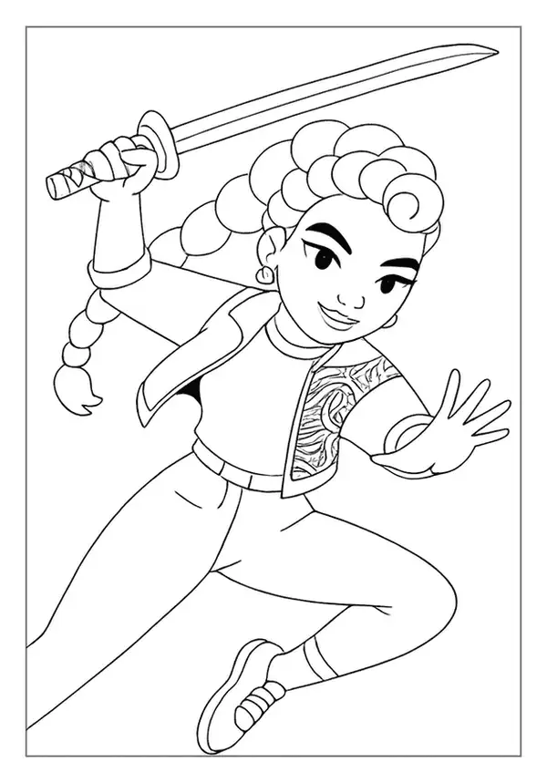 Dynamic Kpop Demon Hunter coloring page of a girl leaping into the air wielding a katana.