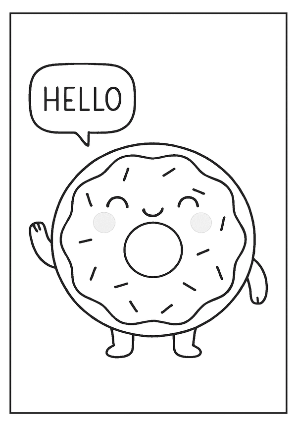 Printable Kawaii Donut Saying Hello Coloring Sheet