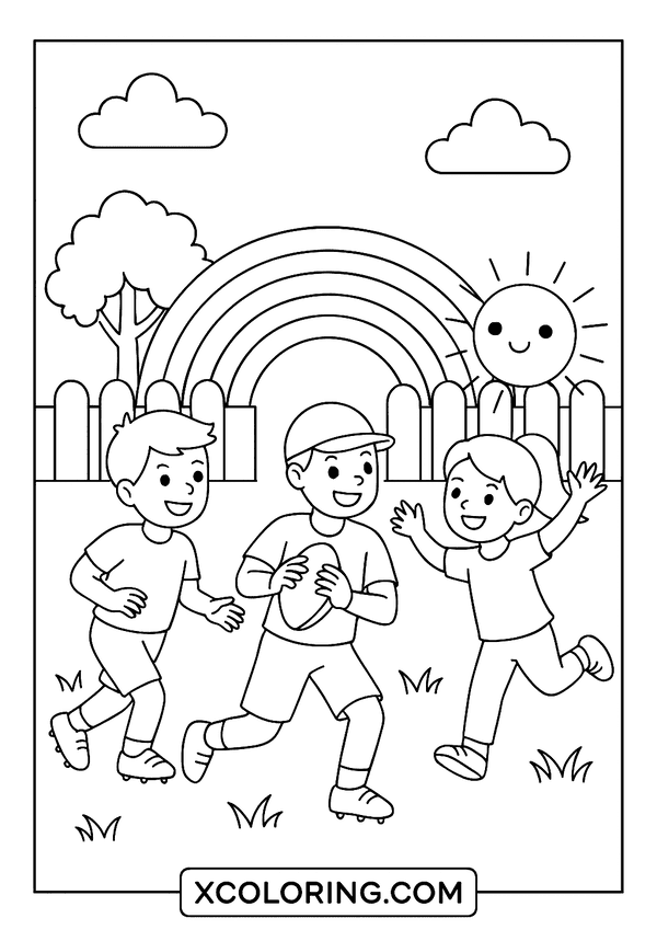 Happy kids playing backyard football under a rainbow. A great Football Coloring Page.