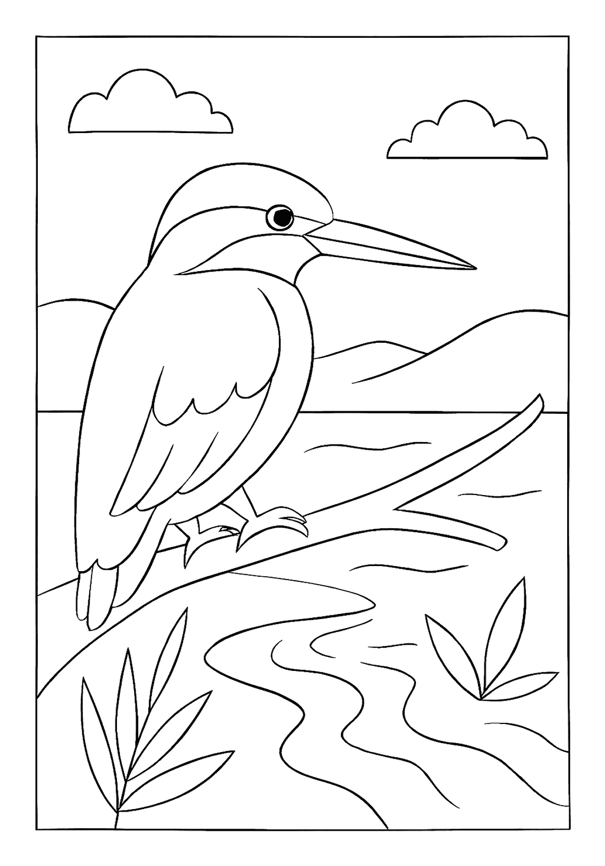 Kingfisher Near Flowing Stream Educational Tool Alert kingfisher bird coloring page perched on a low branch near a flowing stream or river.