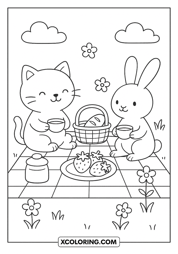 Kitty and Bunny Picnic coloring page