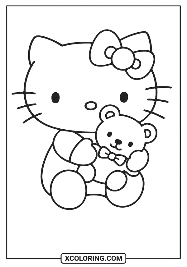 Kitty Hugs Teddy Bear coloring sheet