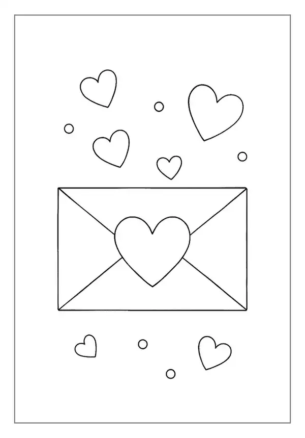 Simple Heart Coloring Page showing a sealed envelope with floating hearts.