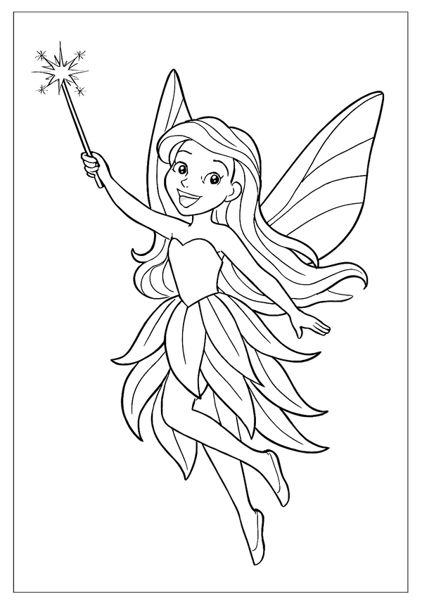 Magic Wand Fairy Sheet Simple Outline A happy fairy with a magic wand and flower petal dress, a charming coloring sheet for kids.