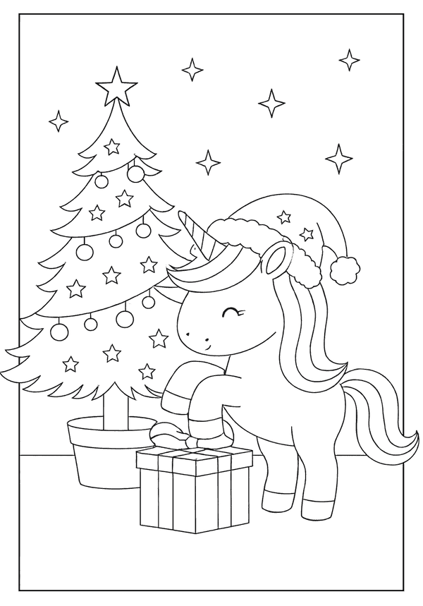 Cute unicorn in a Santa hat opening a Christmas present beside a decorated tree with stars.