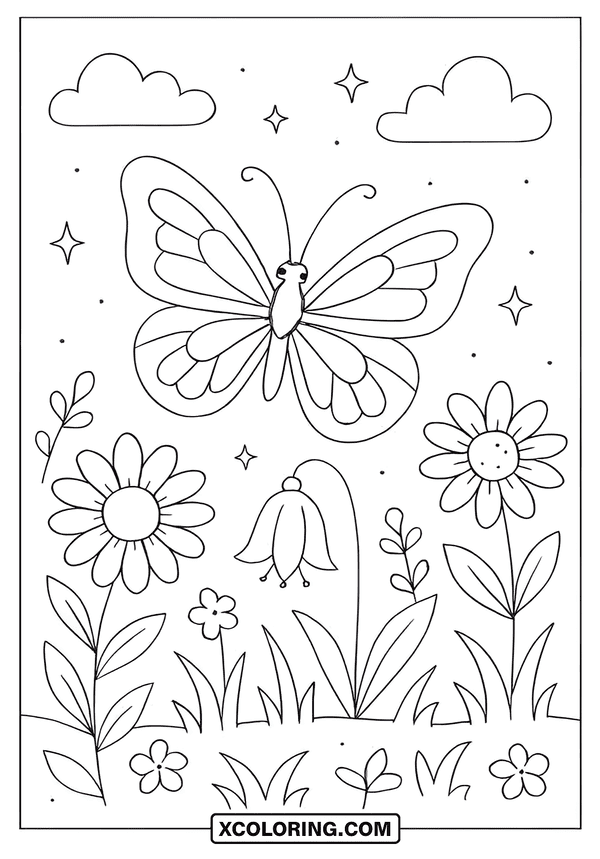Magical Garden Butterfly Scene coloring sheet
