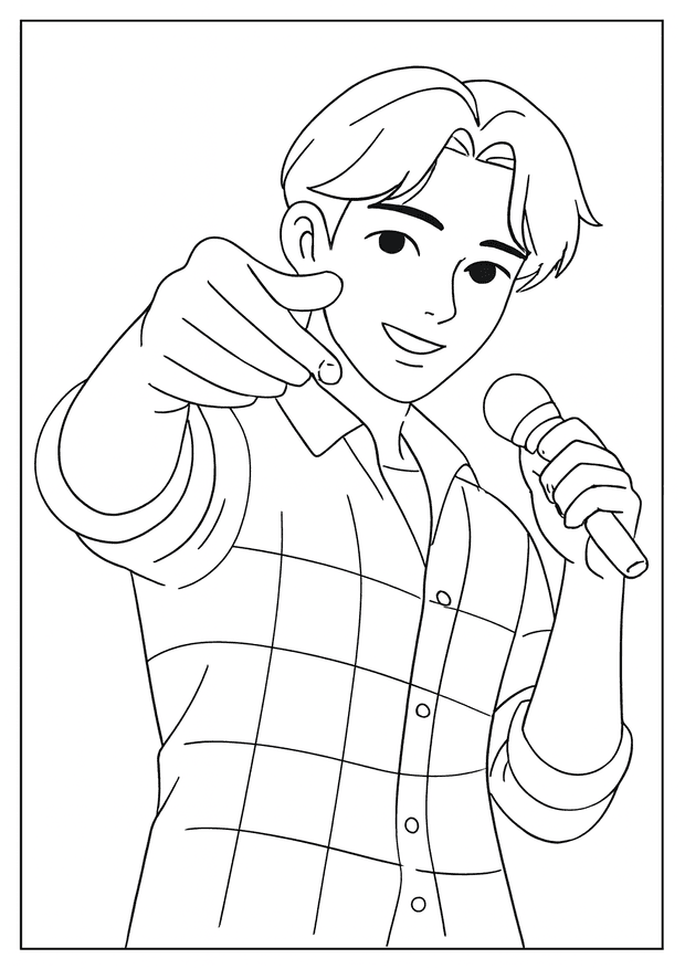 Handsome boy pointing forward while singing in this Kpop Demon Hunter coloring sheet.