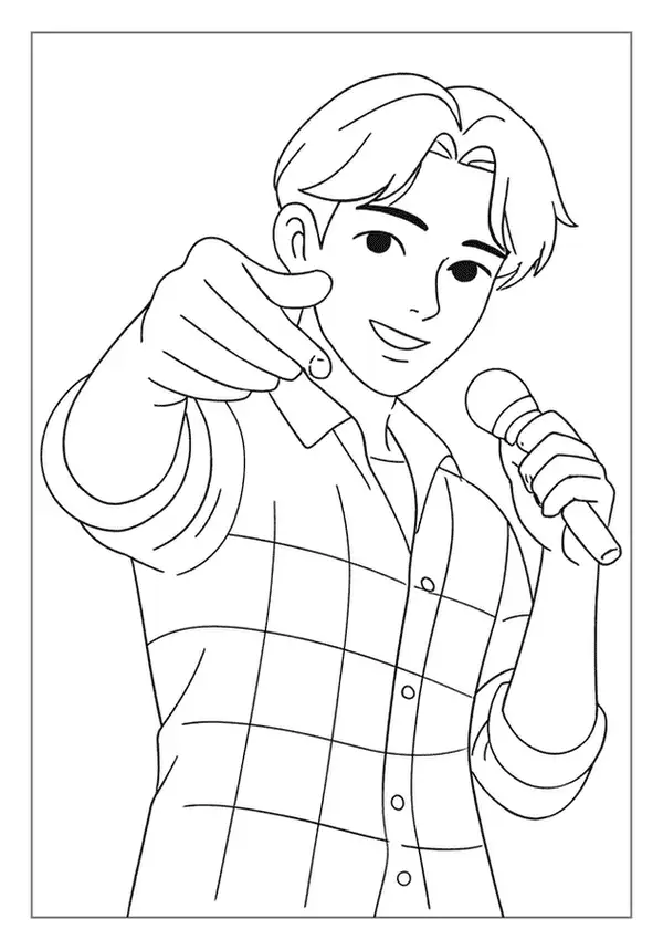 Handsome boy pointing forward while singing in this Kpop Demon Hunter coloring sheet.