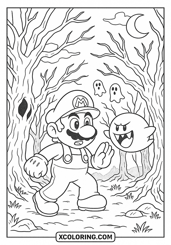 Mario in the Haunted Forest coloring page