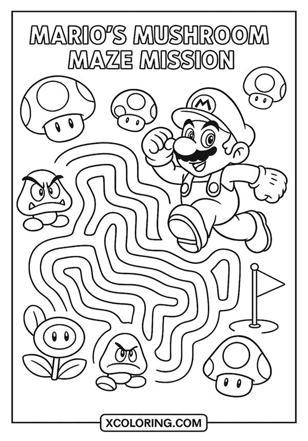 Mario’s Mushroom Maze Mission coloring sheet