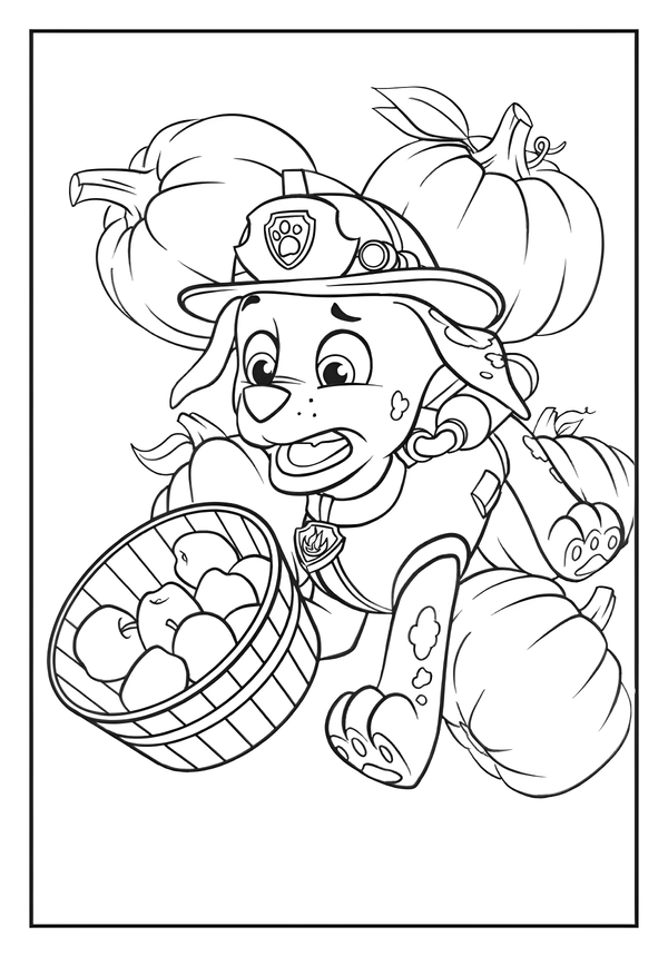 Printable Marshall Holding Apples Pumpkins Coloring Sheet