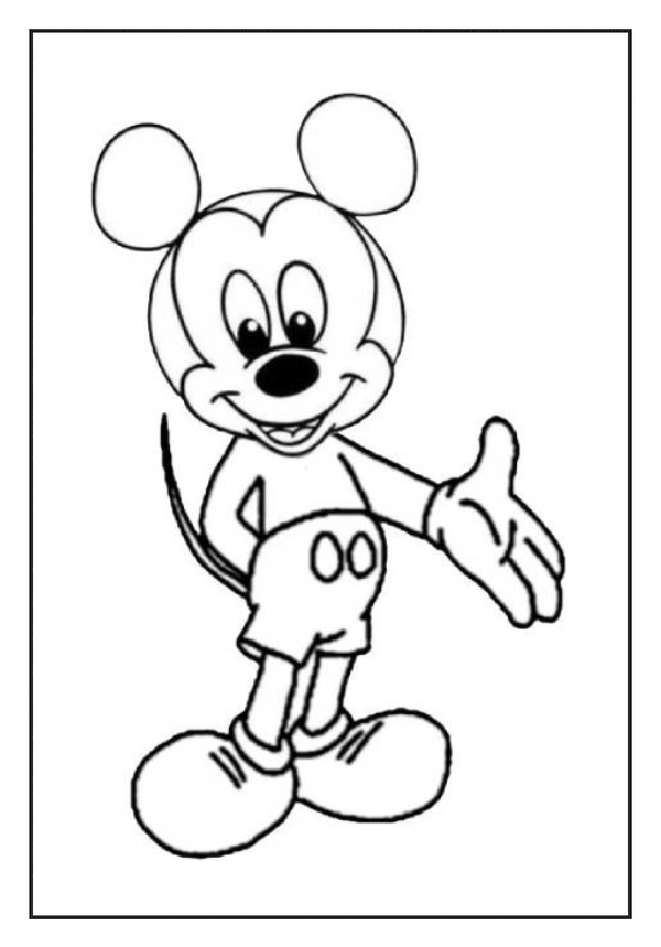 Mickey Mouse Coloring Page, gesturing with his hand and smiling, an engaging activity for children.