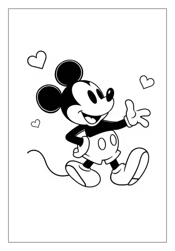 A Mickey Mouse Coloring Page With Hearts Floating Around Him. This Printable Is Perfect For Kids.