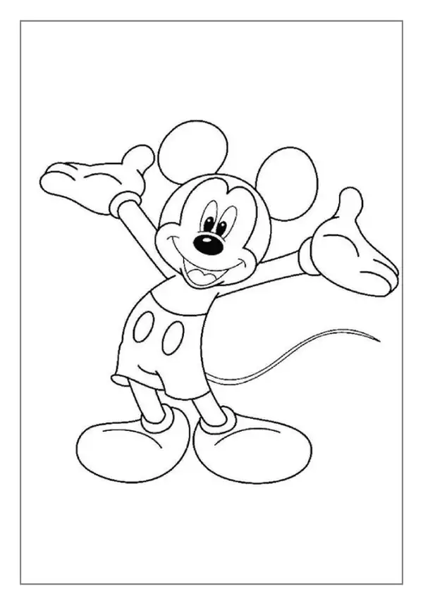 A Mickey Mouse Coloring Page. The Excited Mouse Is Waving His Arms Wide. A Fun Children’s Activity.