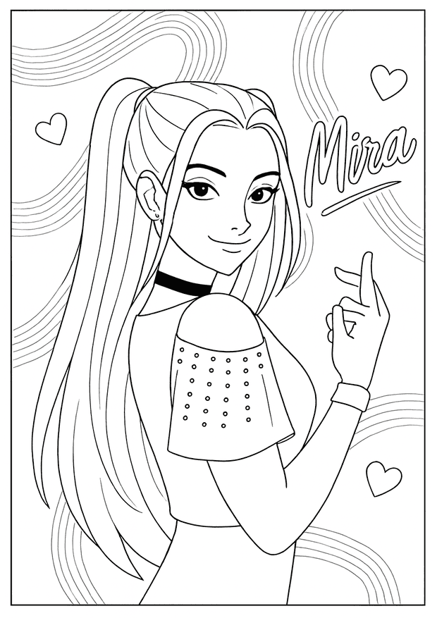 Kpop Demon Hunter coloring sheet featuring "Mira" making a finger heart with floating hearts.