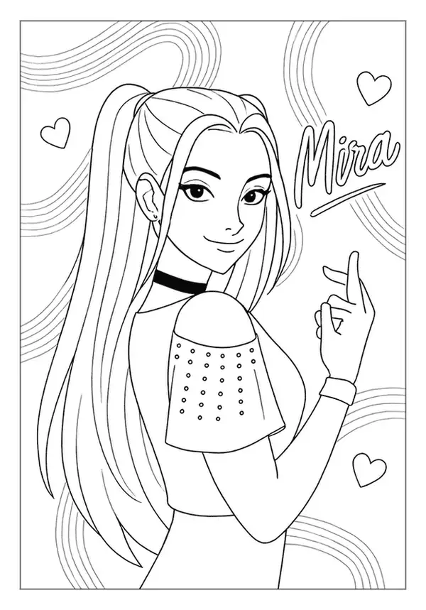 Kpop Demon Hunter coloring sheet featuring "Mira" making a finger heart with floating hearts.