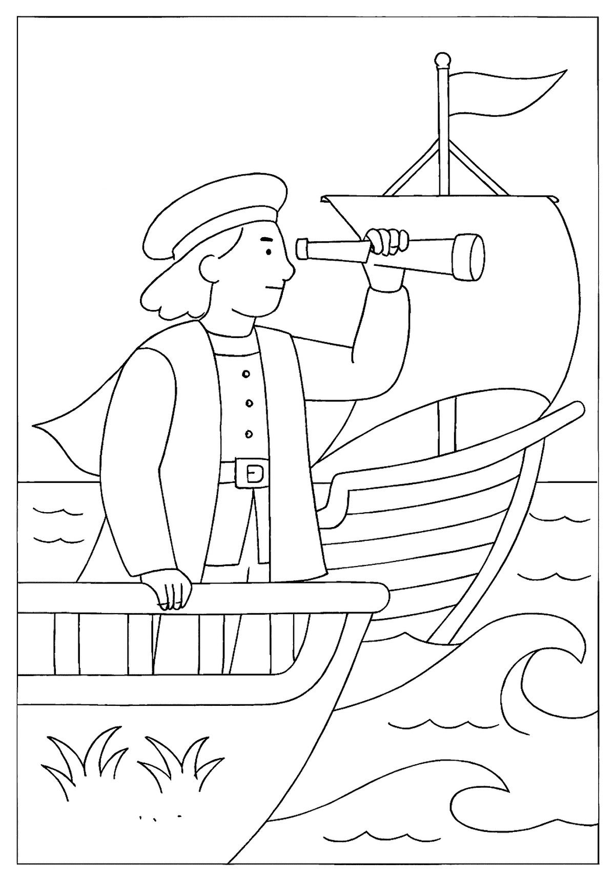 Navigator on a ship looking through a telescope, scanning the horizon near a shoreline.
