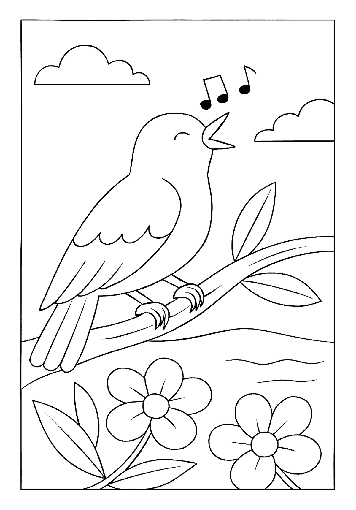 Nightingale Singing In Garden DIY Poster Sweet nightingale bird coloring page singing happily with music notes, perched above flowers.