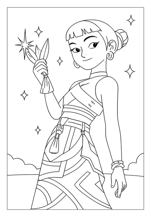 Girl holding throwing stars in this Kpop Demon Hunter coloring page with celestial background.