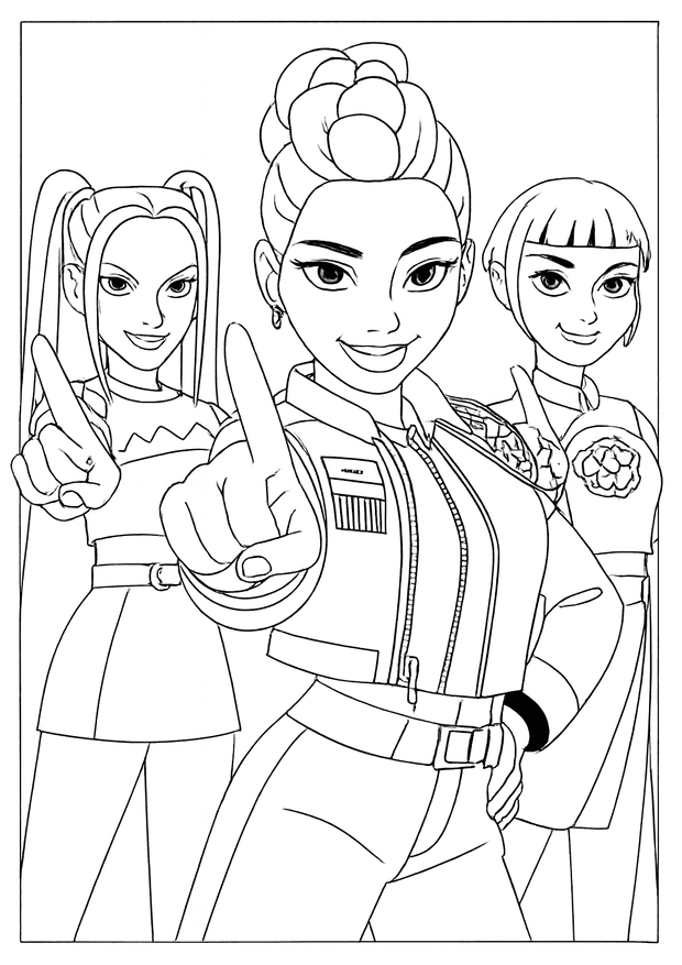 Three girls pointing fingers up to signal number one in a Kpop Demon Hunter coloring sheet.