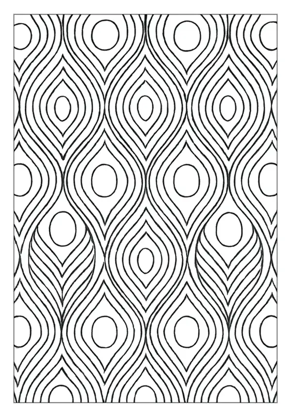 Optical teardrop line pattern coloring page with curves.