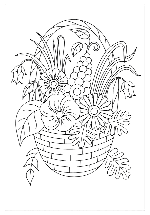 Overflowing Floral Basket Design Free Printable An overflowing basket of spring flowers and leaves, a cheerful and detailed adult coloring page.