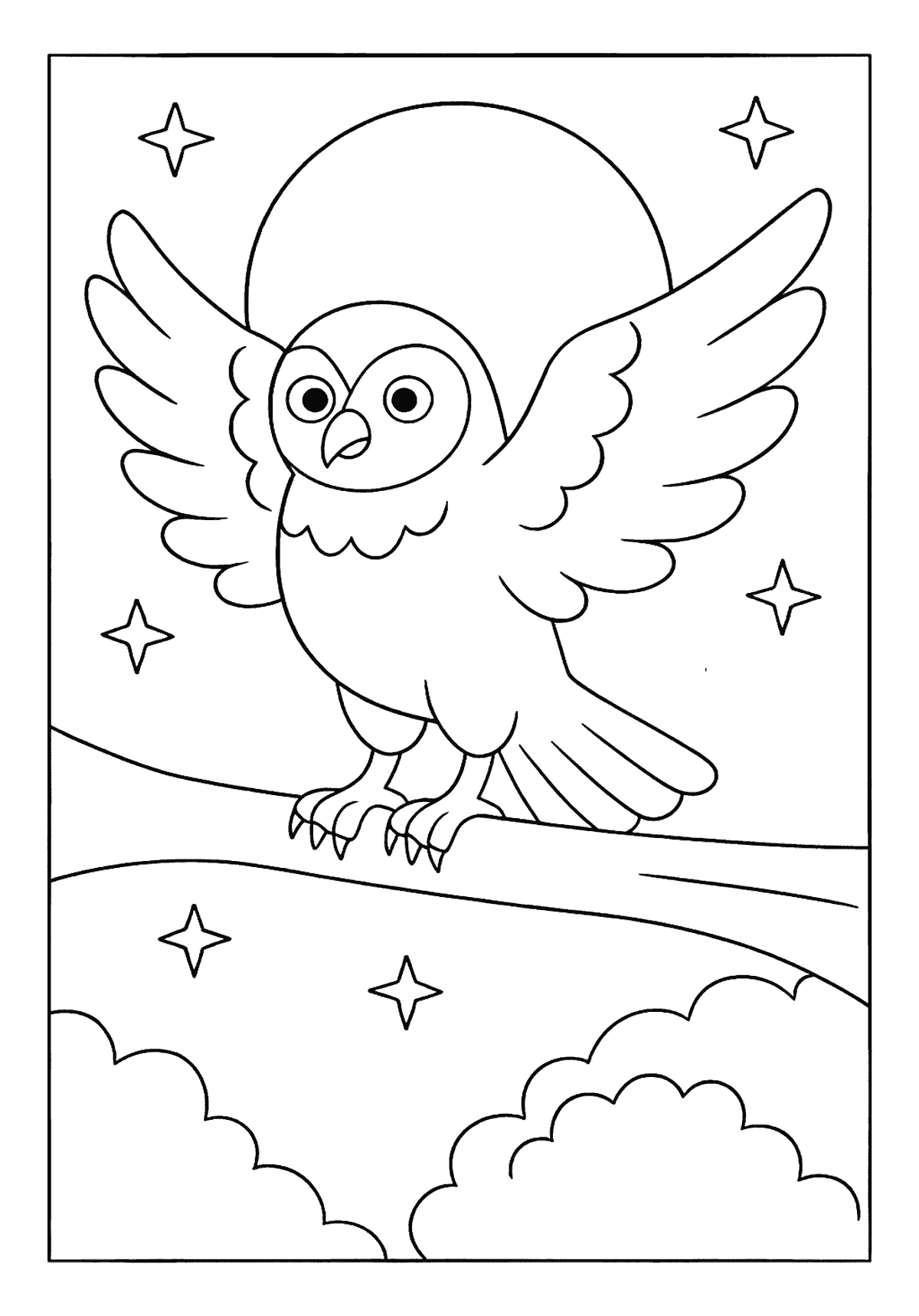 Owl Flying Through Moonlight Easy Activity Cute owl bird coloring page perched on a branch, wings spread, in front of a big moon and stars.
