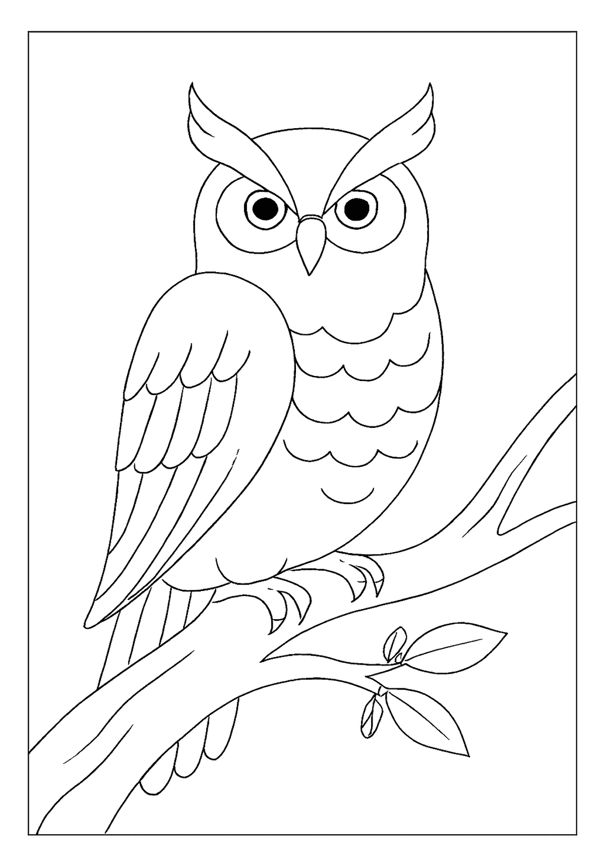 Owl Perched On Limb Free Printable Wise owl bird coloring page with big eyes, perched on a tree branch.