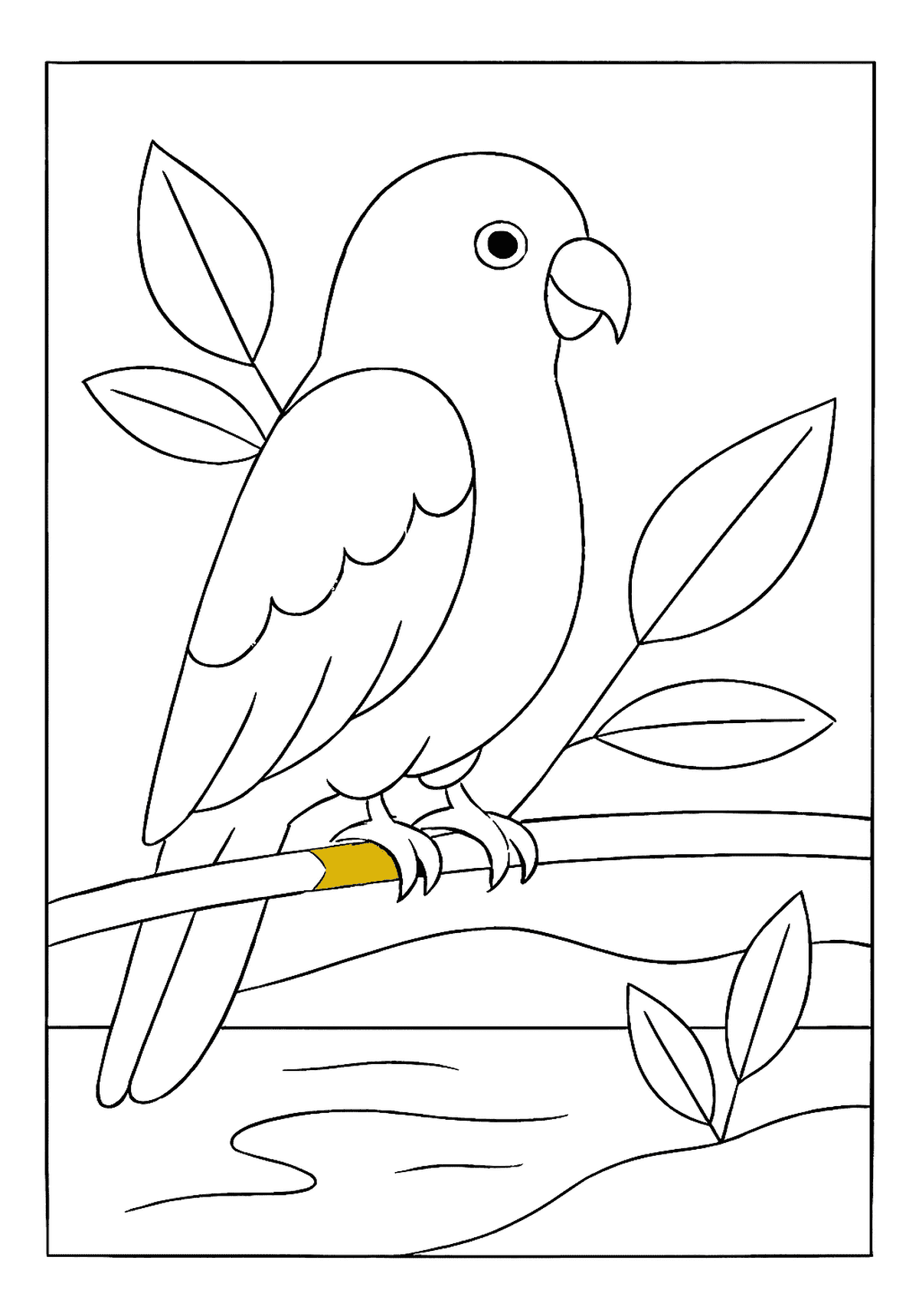 Parakeet On Colorful Perch Creative Task A small, adorable parakeet bird coloring page sitting on a branch surrounded by leaves.