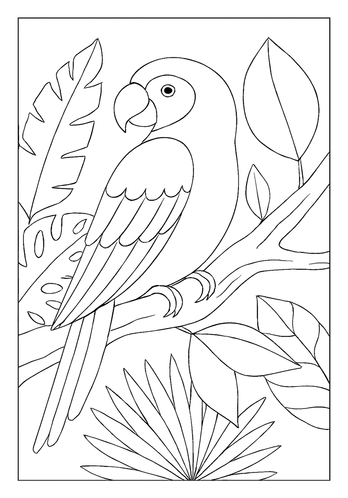 Parrot On Tropical Branch Activity Sheet Friendly parrot bird coloring page perched on a tropical branch among large jungle leaves.