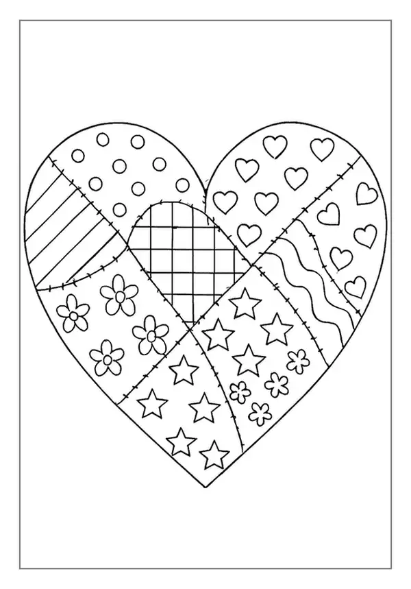 Unique Patchwork Heart Coloring Page with various patterns.