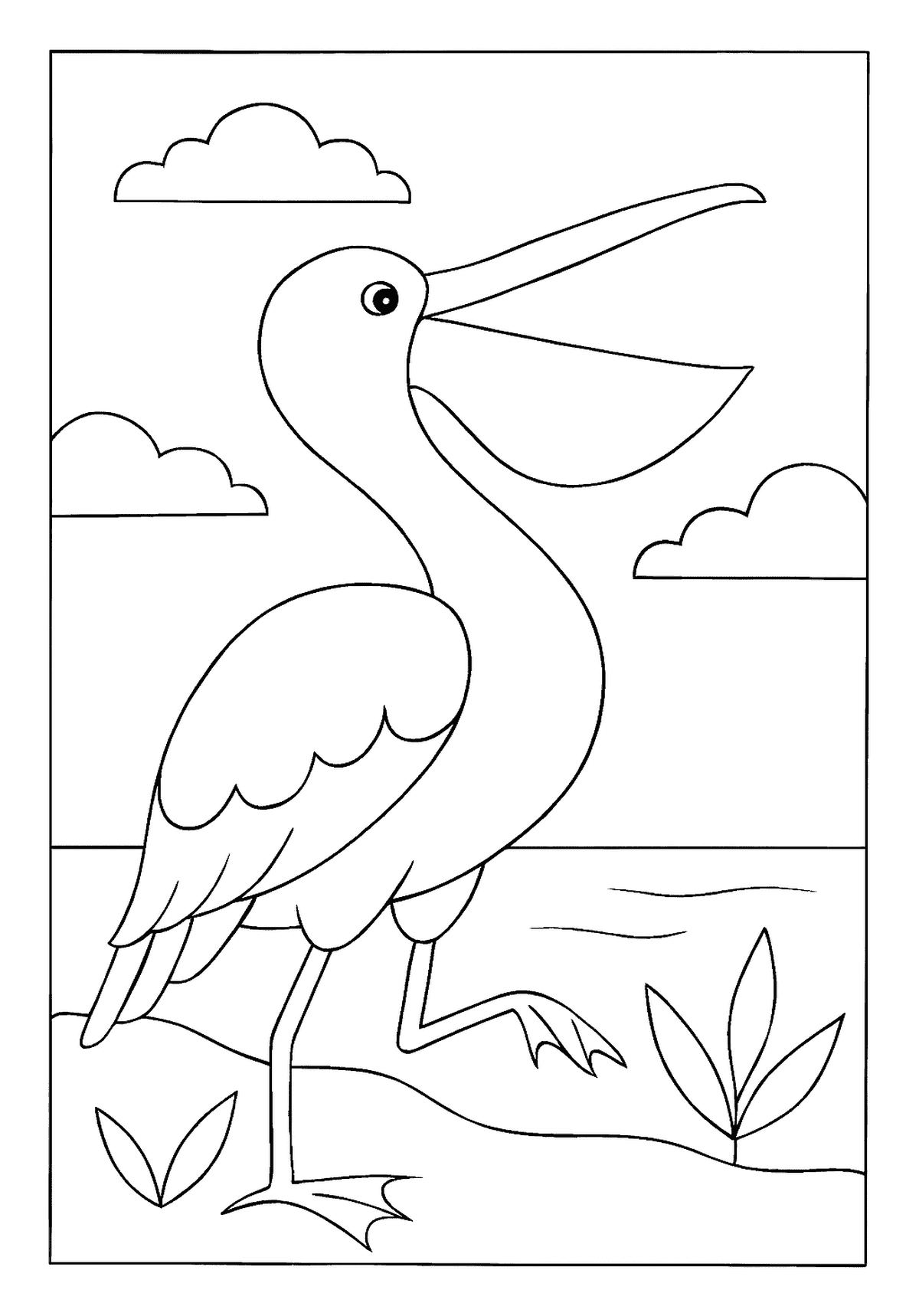 Pelican With Open Beak Practice Draft Funny pelican bird coloring page standing with its huge beak and throat pouch wide open.