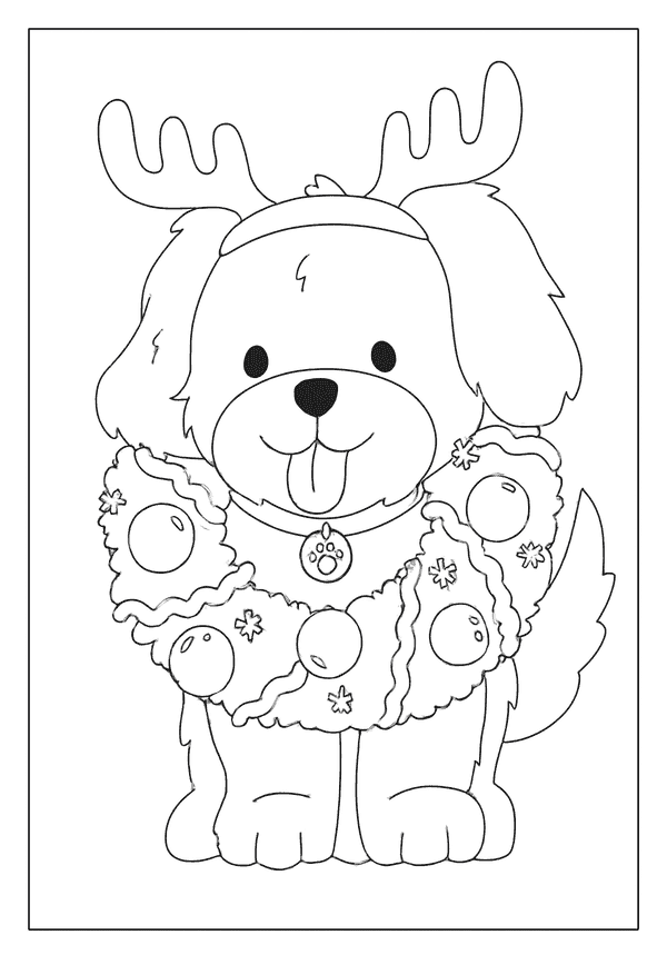 Adorable puppy wearing reindeer antlers and a festive wreath with baubles.