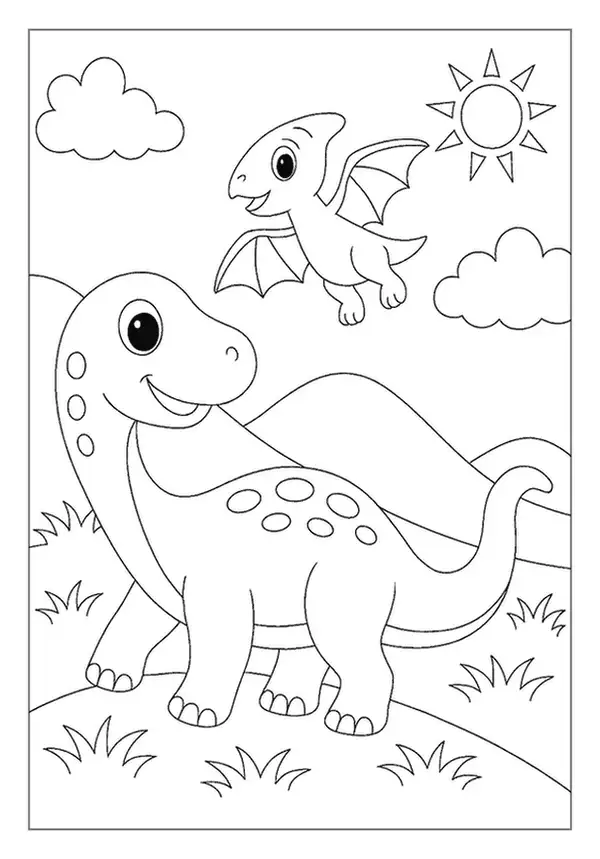 Two Playful Dinosaurs, One Flying And One On A Hillside, A Sunny Prehistoric Scene Coloring Page.