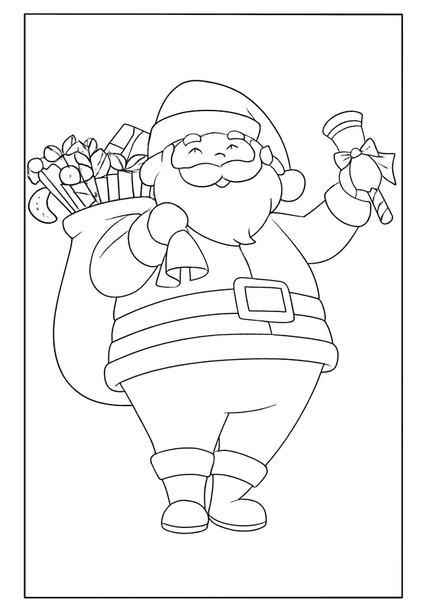 Overweight Santa Claus smiling while holding a jingle bell and a bag filled with toys and candy canes.