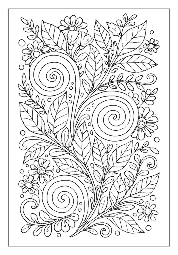 Pointed star mandala pattern coloring page with scrolling leaf details.