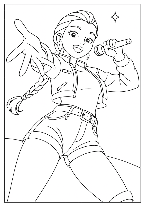 Dynamic Kpop Demon Hunter coloring sheet of a girl singing into a microphone with style.