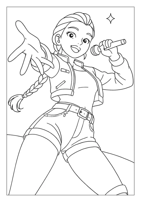 Dynamic Kpop Demon Hunter coloring sheet of a girl singing into a microphone with style.