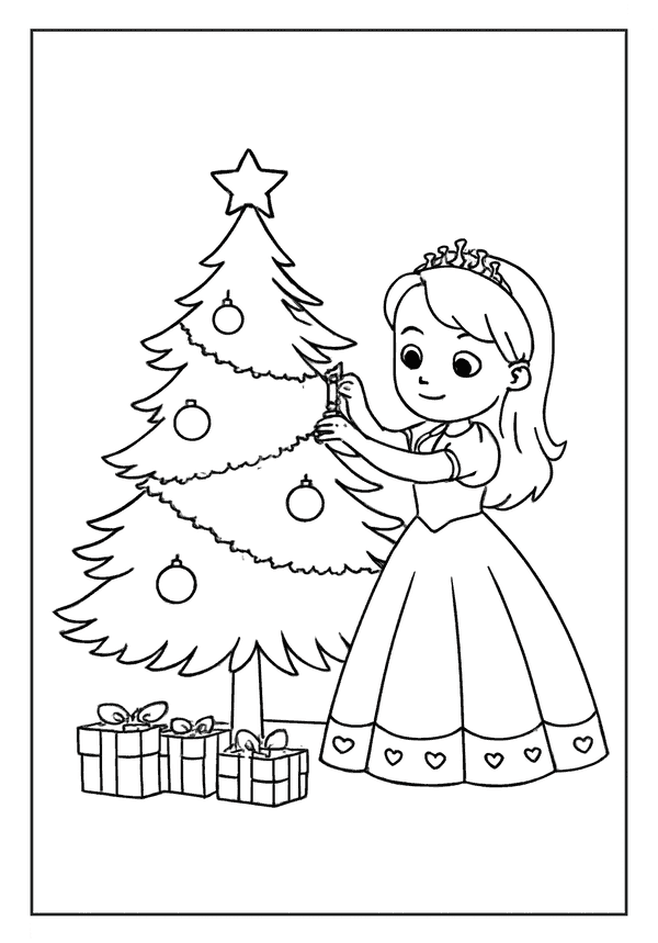 A princess in a crown decorating a Christmas tree with round ornaments next to wrapped gifts.