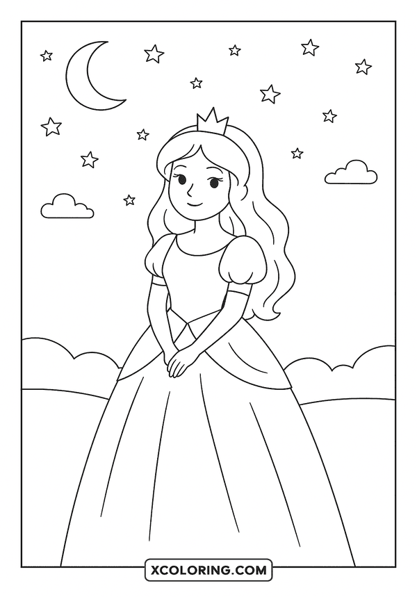 Princess Under Starry Sky coloring sheet