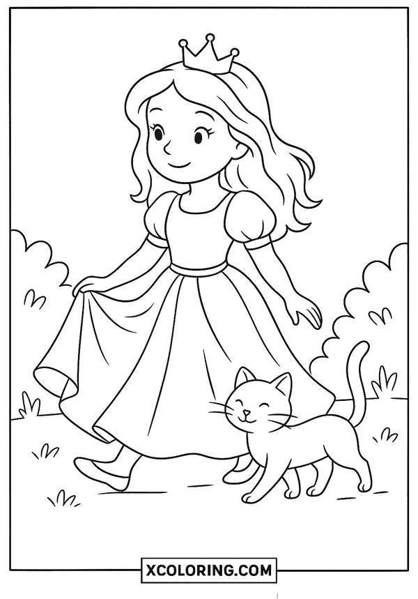 Princess Walking with Cat coloring page