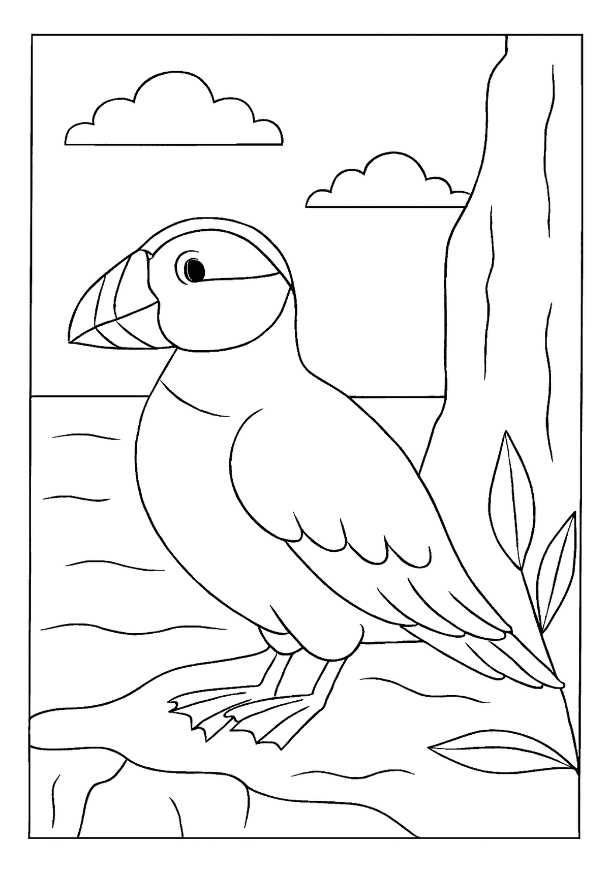 Puffin Near Cliff Edge Unique Artwork A charming puffin bird coloring page standing near the ocean and a towering cliff edge.