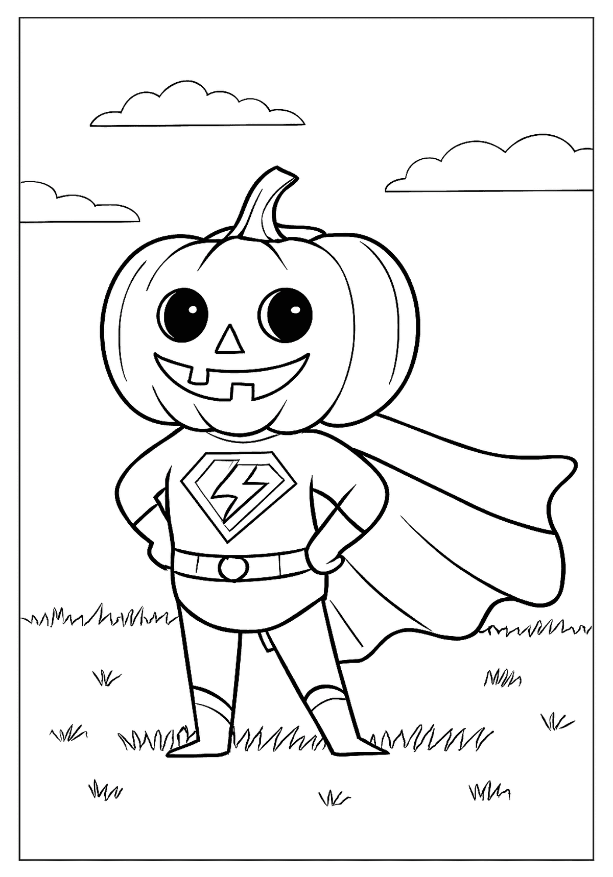 Cute superhero with a pumpkin head and cape standing in the grass.