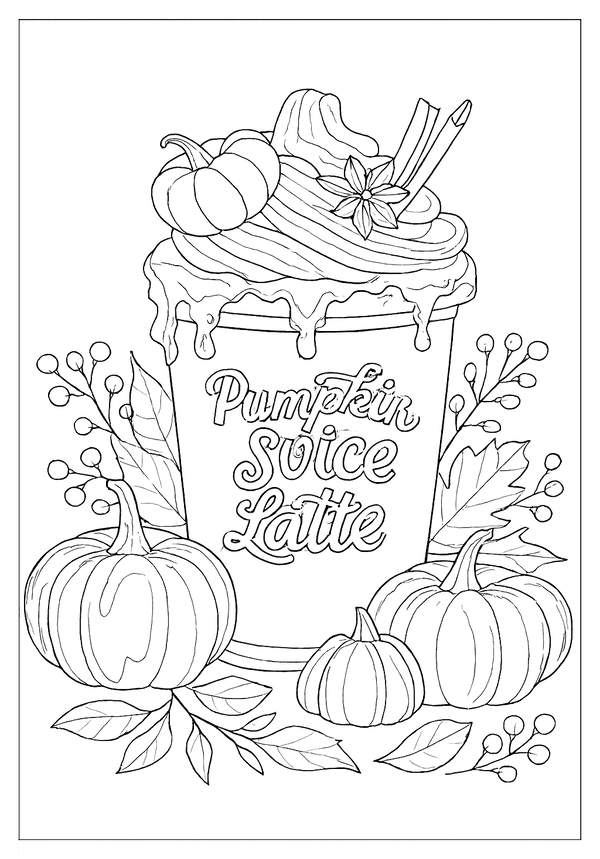 Pumpkin Latte Autumn Art Free Printable A "Pumpkin Spice Latte" coloring page with pumpkins, leaves, and a whipped-cream-topped drink. Great fall-themed adult coloring page.