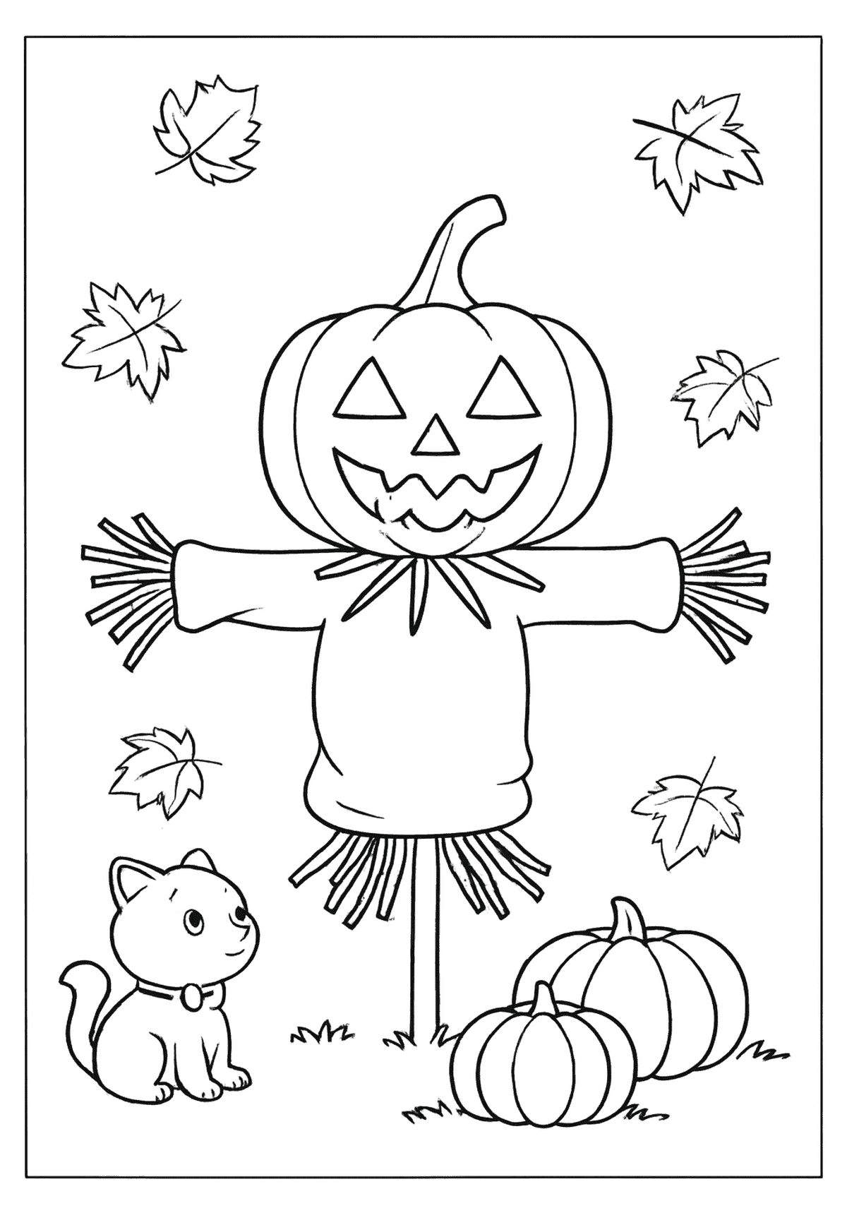 Smiling jack-o'-lantern scarecrow with straw hands, a kitten, pumpkins, and falling leaves.