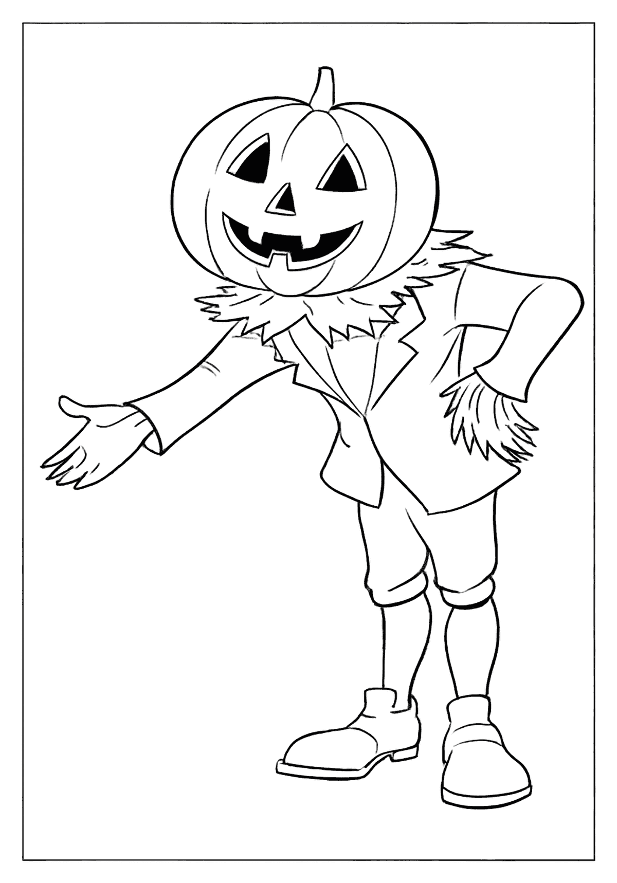 Friendly scarecrow with a pumpkin head welcoming you. Cute Halloween coloring page.
