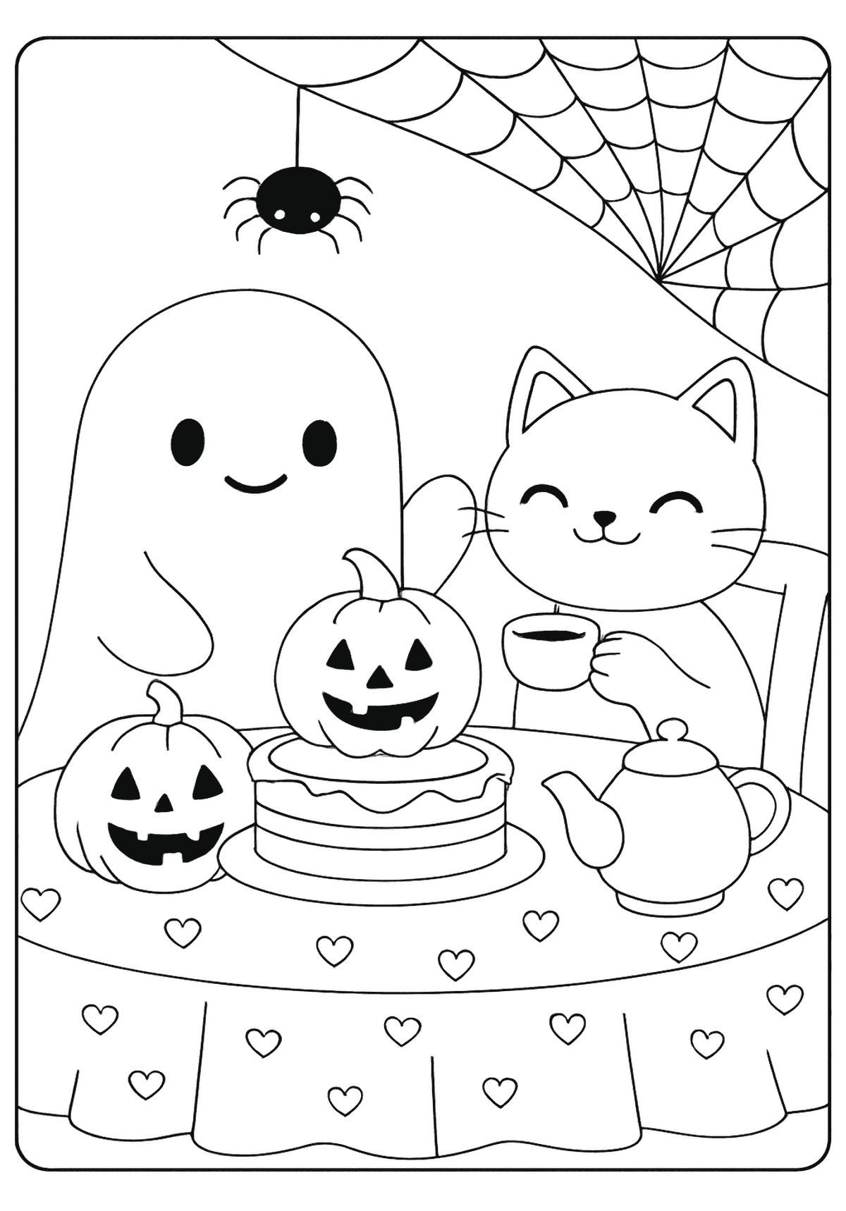 Cute ghost and cat having tea with a pumpkin. Fun Halloween coloring page.