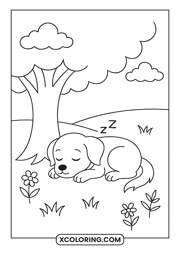 Puppy Nap Under Tree coloring sheet